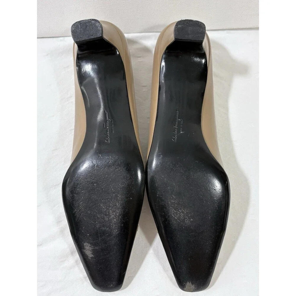 Vintage Salvatore Ferragamo Lizard Cap Toe Kitten Heels Taupe Beige Size 10 4A